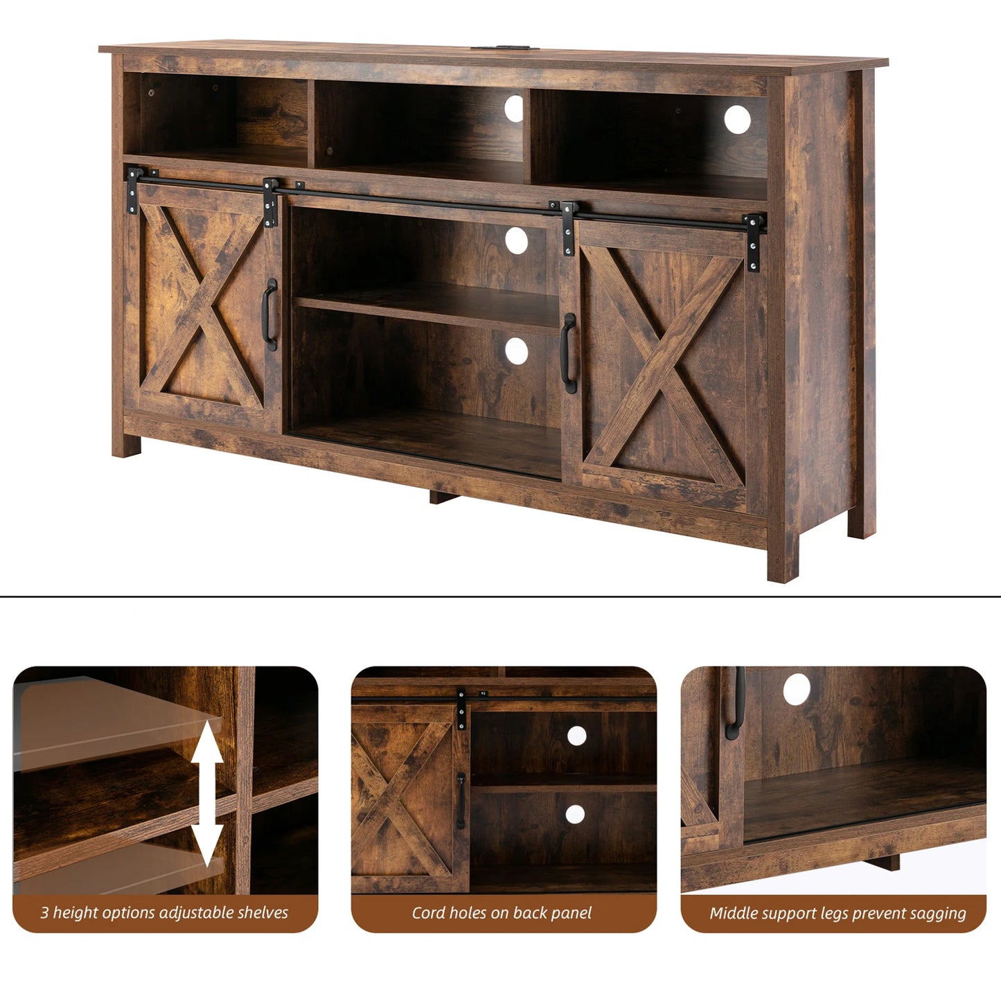 TV Stand Farmhouse Coffee Bar Cabinet Rustic Sliding Barn Door Storage Cabinet with Power Outlet & LED Light, 57" Wooden TV Cabi