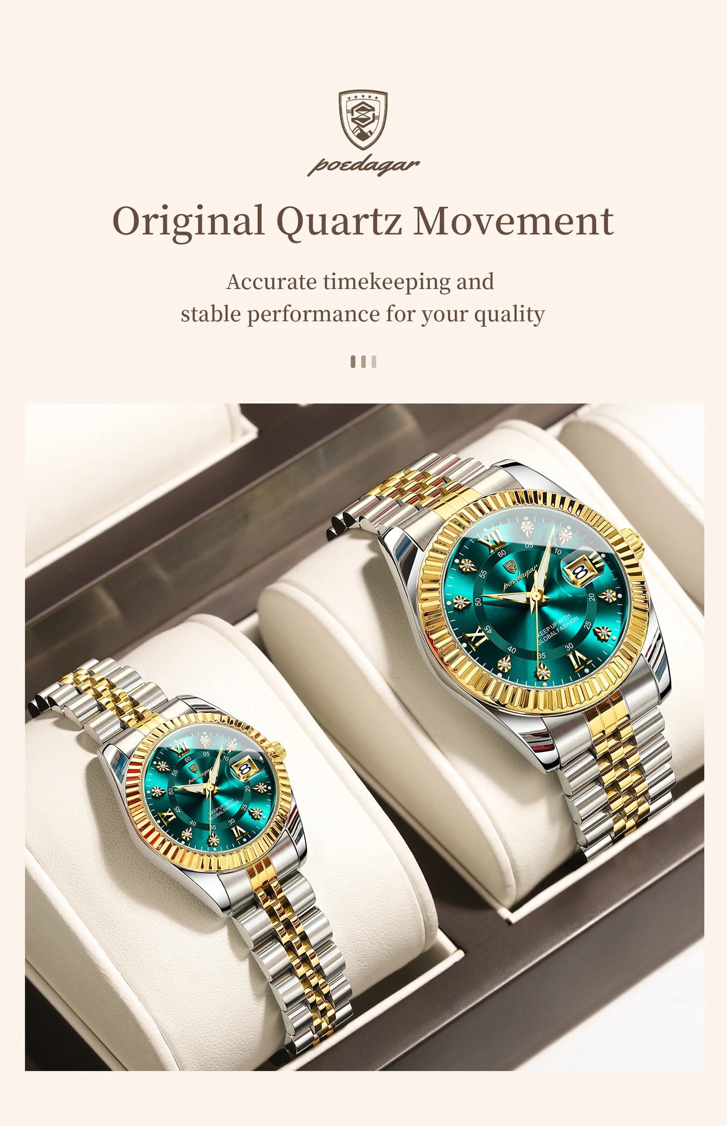 POEDAGAR Top Luxury Couple's Watches Luminous Date Classic Watches For Couple Quartz Stainless Steel Couple Watch Lovers Set+Box