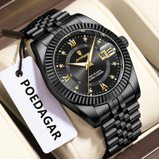 POEDAGAR Luxury Fashion Men Watch Waterproof Stainless Steel Luminous Military Man Wristwatch Date Business Quartz Men's Watches