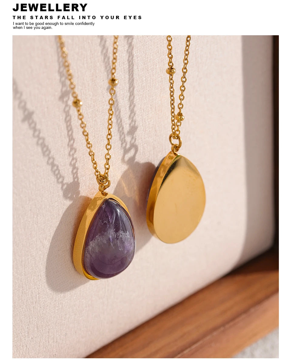 Yhpup Water Drop Amethyst Green Aventurine Natural Stone Necklace Stainless Steel Fashion Charm Pendant Jewelry Tarnish Free