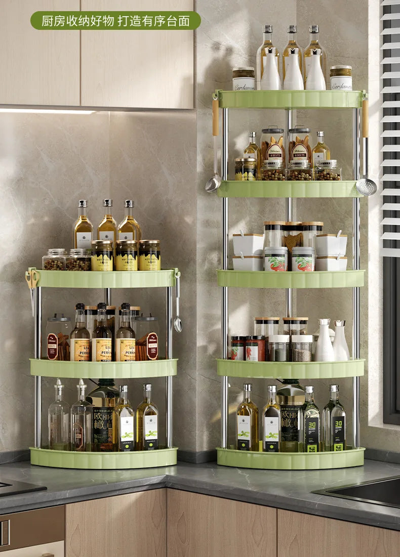Kitchen Spice Rack Shelf Countertop Corner Multifunctional Seasoning Supplies Rack Saving Spice Rack Organiser with Hooks