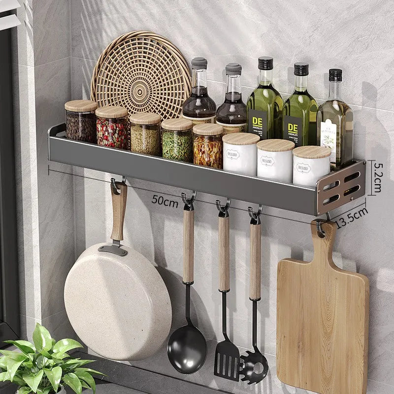Wall Mount Utensil Holder Multifunctional Spice Organiser Shelf with Hooks Kitchen Hanging Storage Wall Shelf