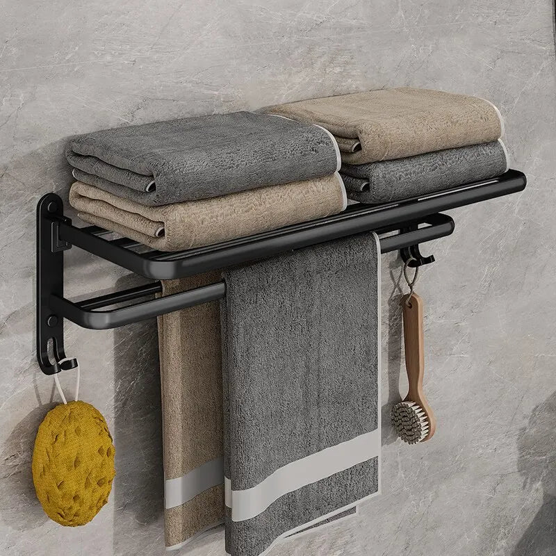 Matte Black 50CM Folding Holder With Hook Towel Holder Wall Mount Aluminum Towel Rack