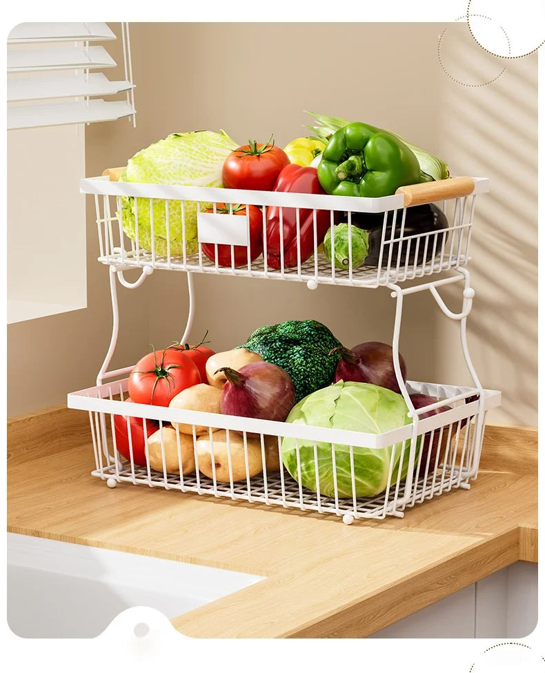 33*29cm deteachable fruit vegetable kitchen storage organisation racks holders double-layer trays wood hand SS home display