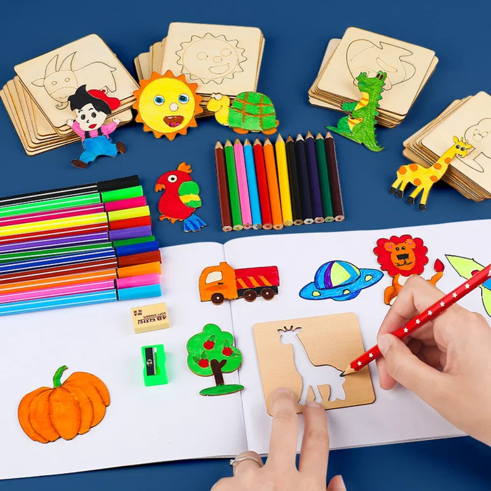 Kids Montessori Toys Drawing Toys Wooden DIY Painting Template Stencils Learning Educational Toys for Children Christmas Gift