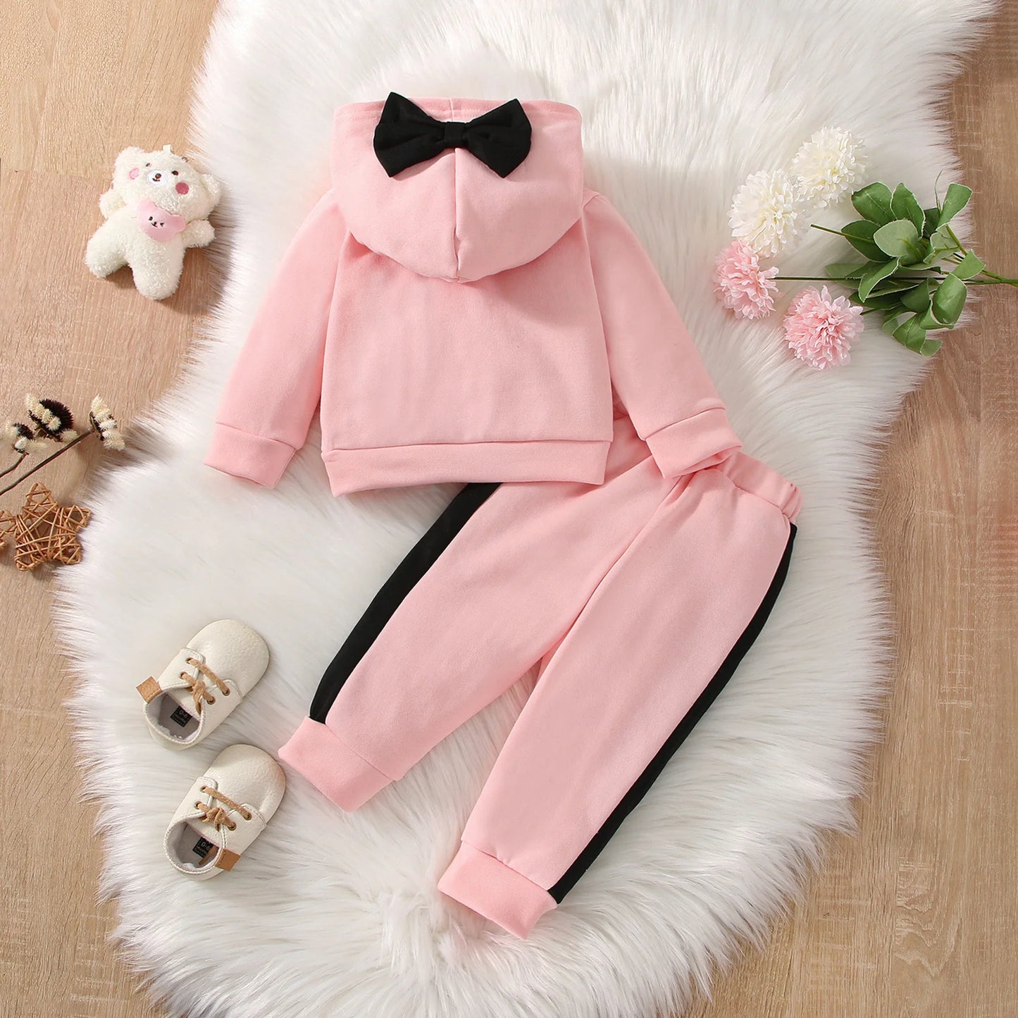 Autumn 2Pcs Baby Girls Long Sleev Printing Letter With Bow Hoodie Set For Casual Sporty Clothes For 1-3Y