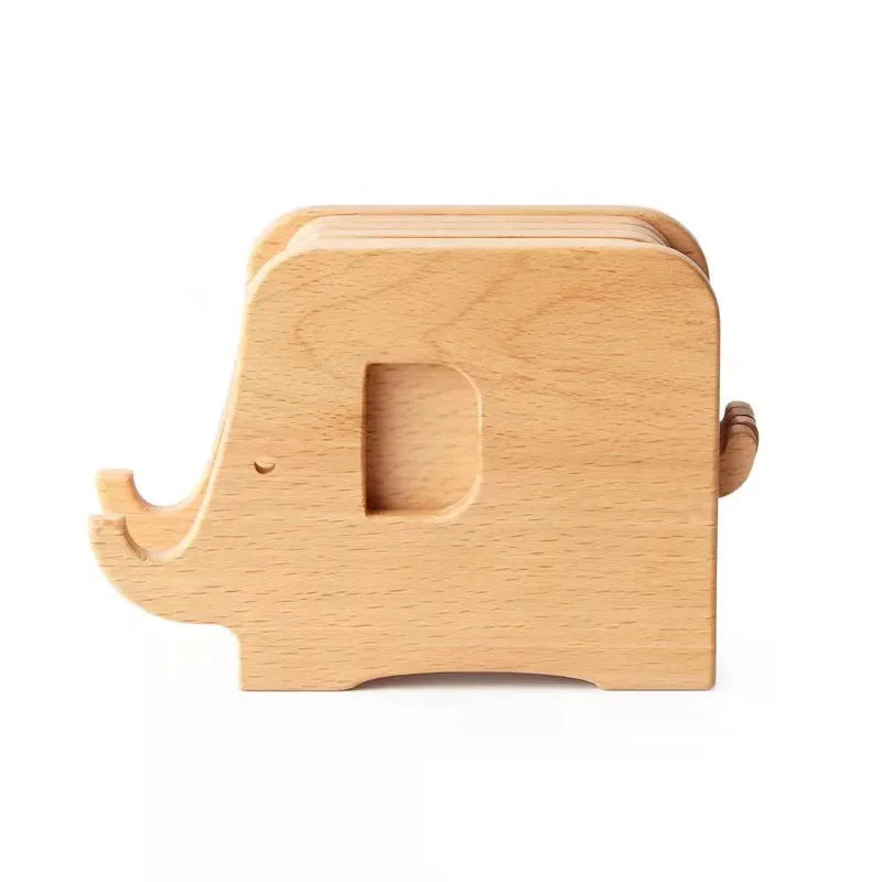 HeMu Cute Elephant Wooden Coaster Set Wood Heat-Resistant Drink Coasters with Holder, Decorative Table Pads for Kitchen, Dining