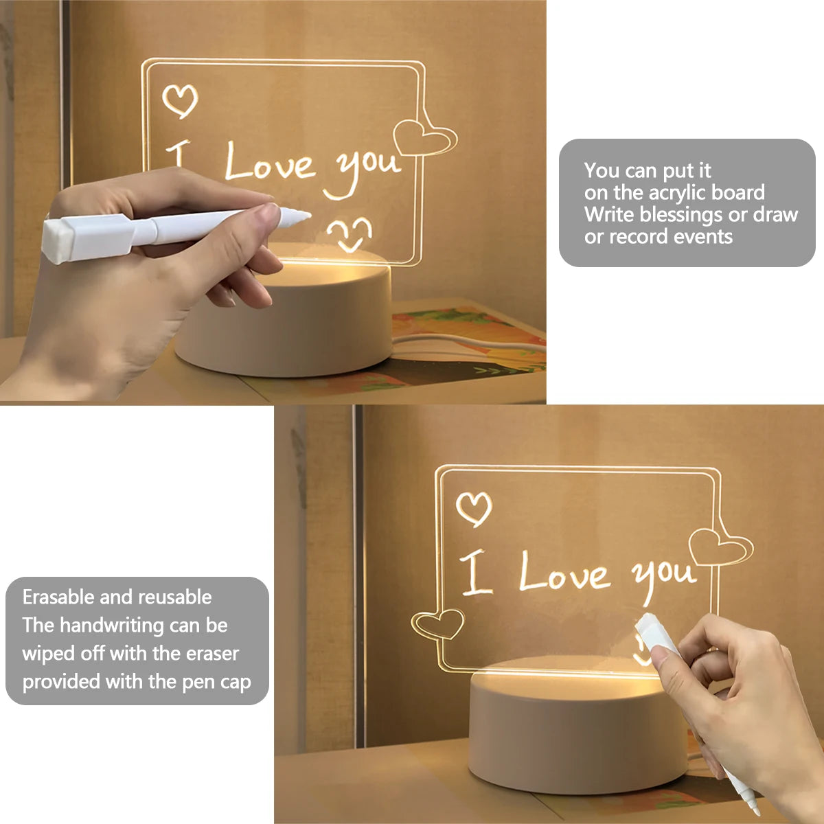 USB Creative 3D Luminous Erasable Love Pen Night Light, Message Night Light, Birthday Gift Light, Bedroom Decoration Light