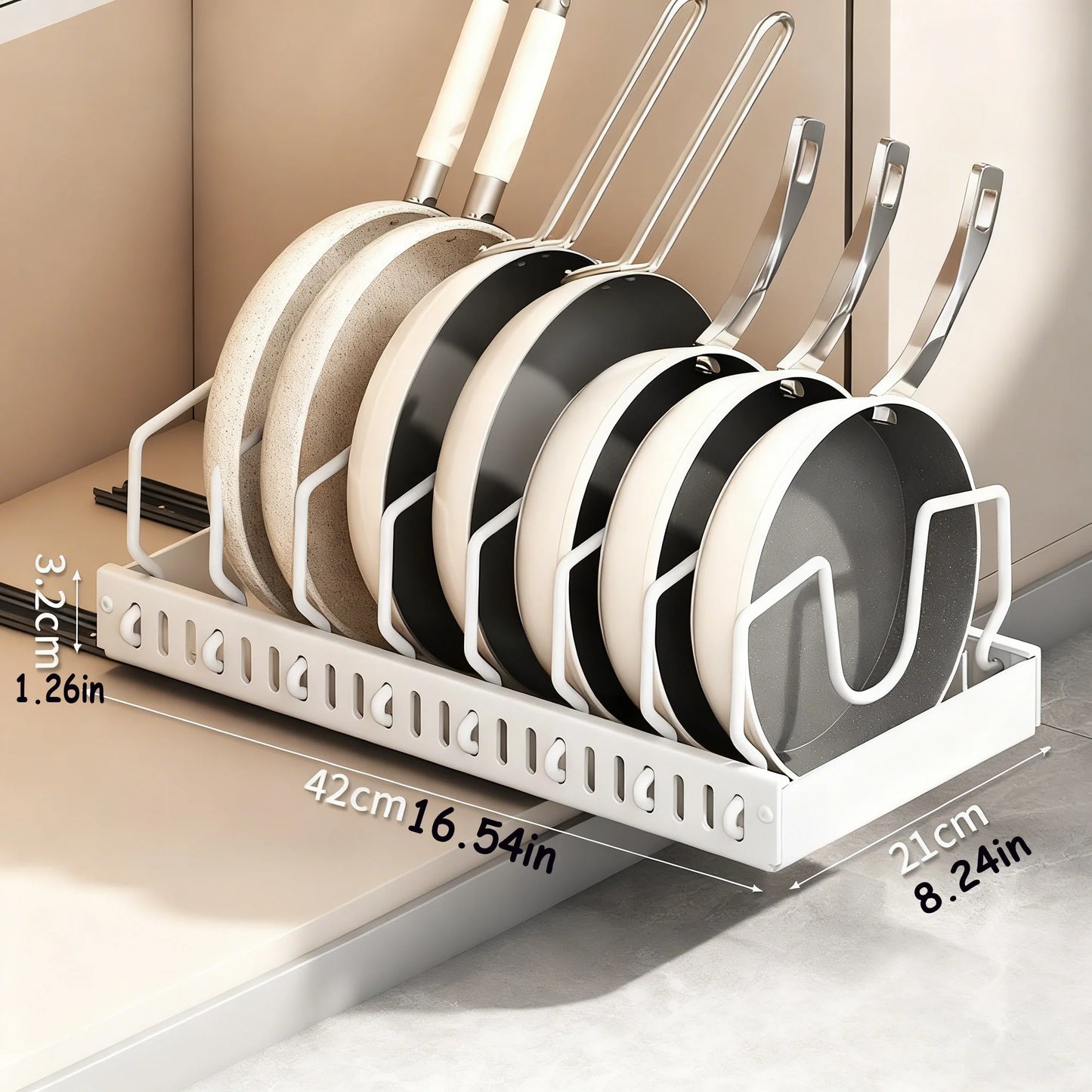 Cookware and Frying Pan Storage Rack with Pull-Out Lid Storage Box, Suitable for Placement under the Cabinet, Featuring a Pot Lid Rack with 8 Adjustable Dividers