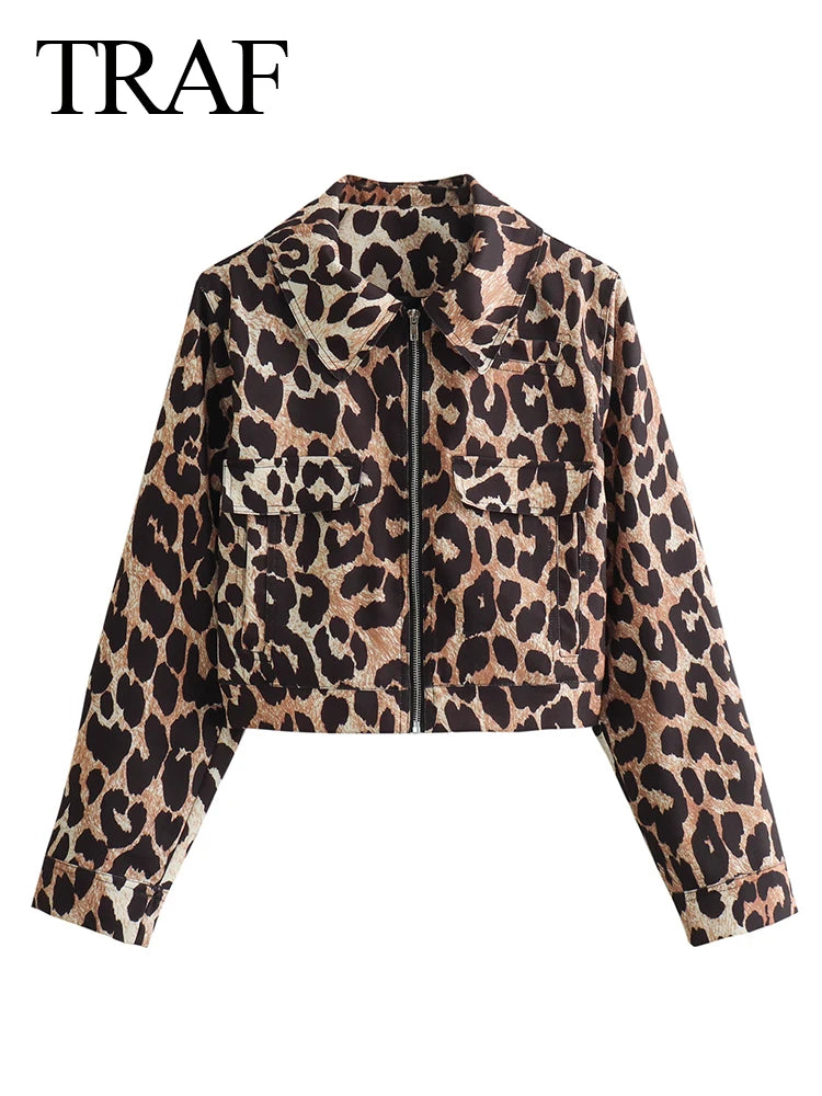 TRAFZA Vintage Casual Women Jackets Leopard Print Zippers Turn-down Collar Short Coats New Fashion 2024 Spring Holiday Jackets
