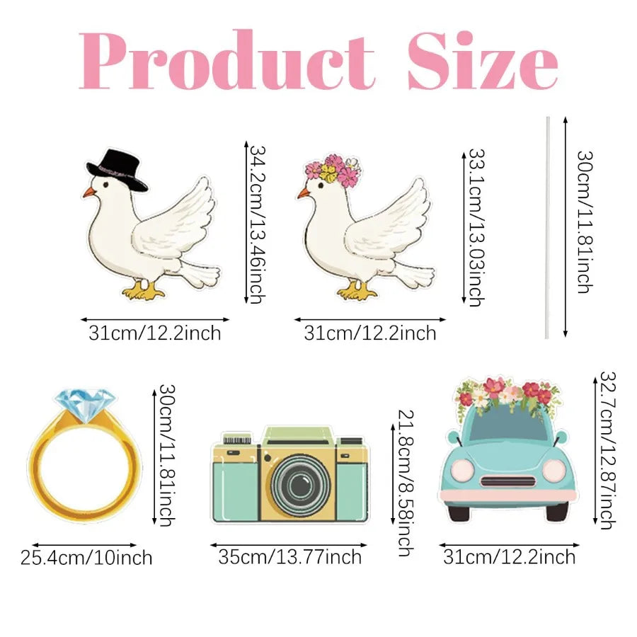 5Pcs Wedding Theme Party Yard Signs with Stakes Pigeon Ring Camera Pattern Road Dration Wedding Reception Plastic Welcome Sign