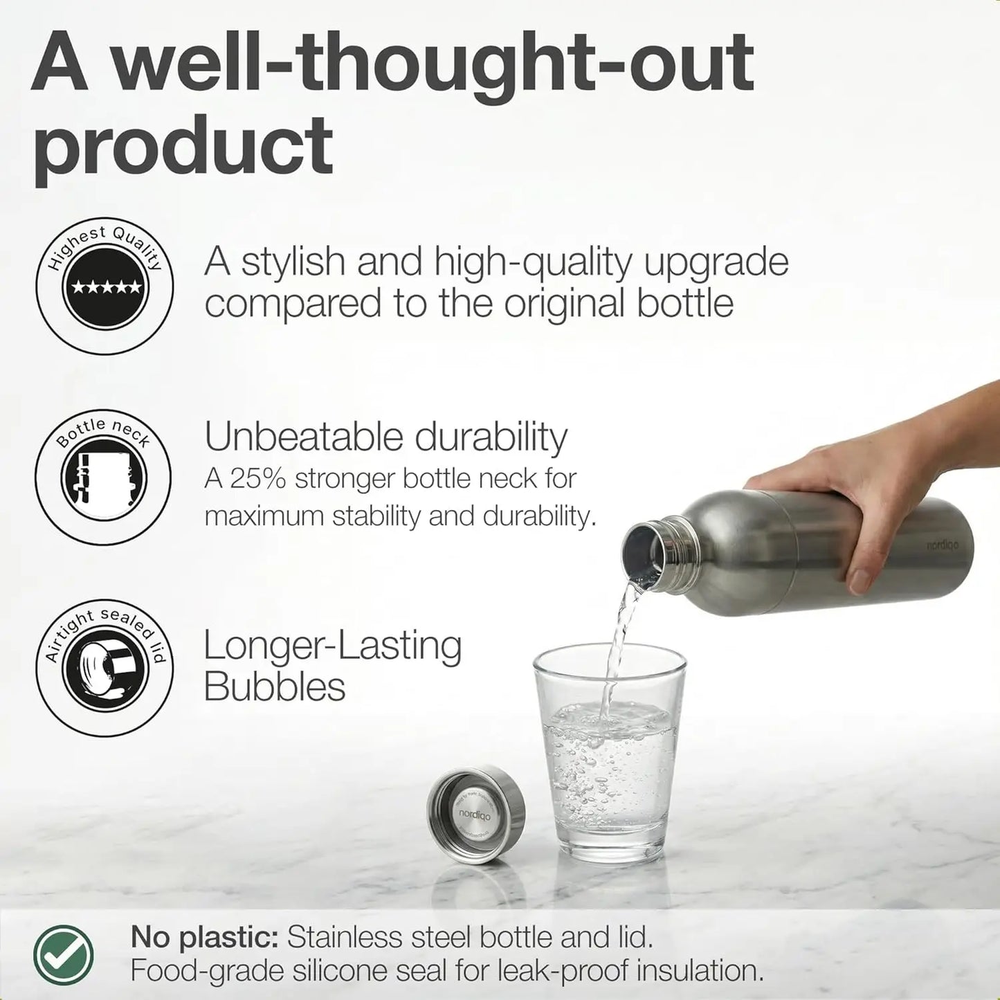 1L Stainless Steel Carbonating Bottle| Compatible with Aarke Carbonator 3, SodaStream Duo & Plastic