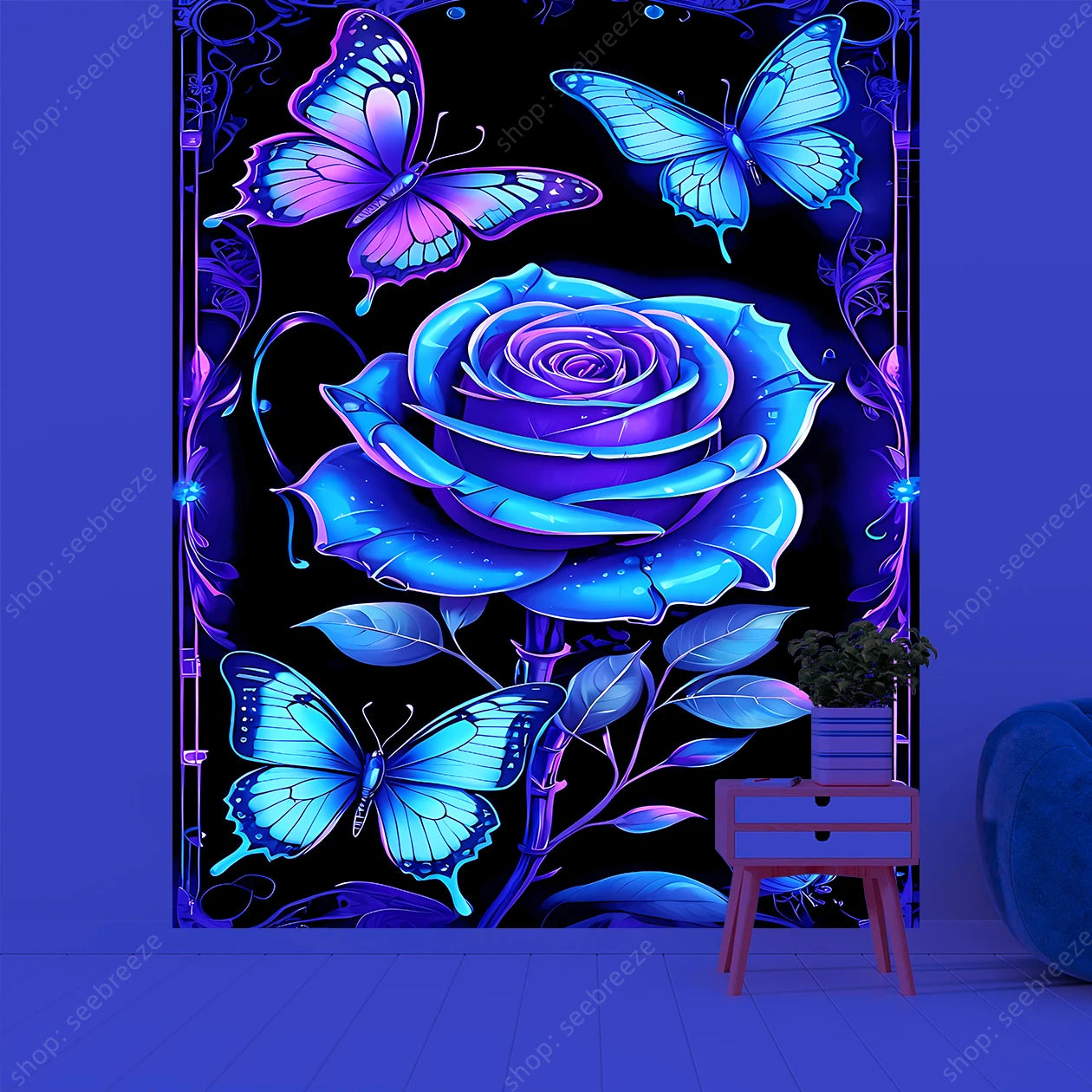Butterfly Flower UV Reactive Tapestry Wall Hanging Hippie Boho Room Decor