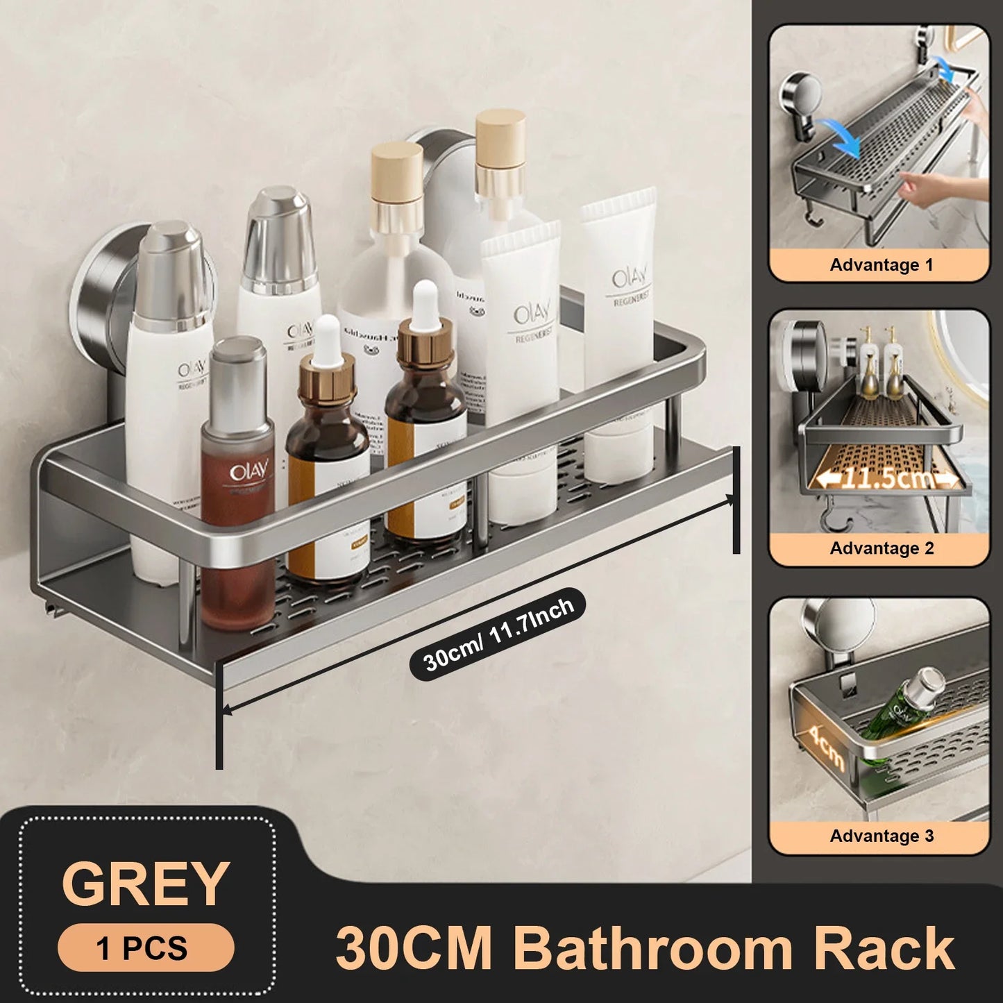 Suction Cup Bathroom Shelf No Drill Wall Mounted Shampoo Bottle Shower Rack Toilet Storage Rack Aluminum Bathroom Kitchen