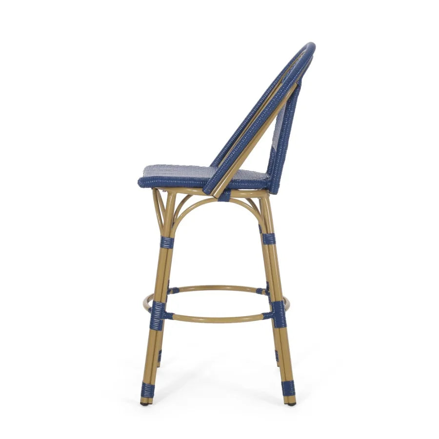 29.5 Outdoor PE Rattan and Aluminum French Barstools Set of 2 Navy Blue and Bamboo Finish