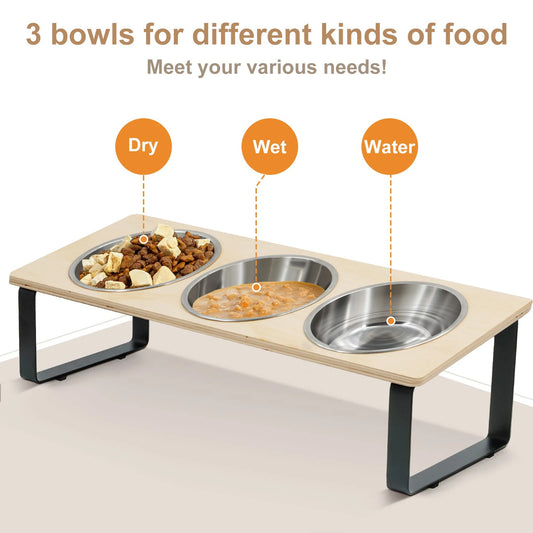 Elevated Cat & Puppy Feeder – 15° Tilted Raised Stand with 3 Stainless Steel Bowls for Food & Water