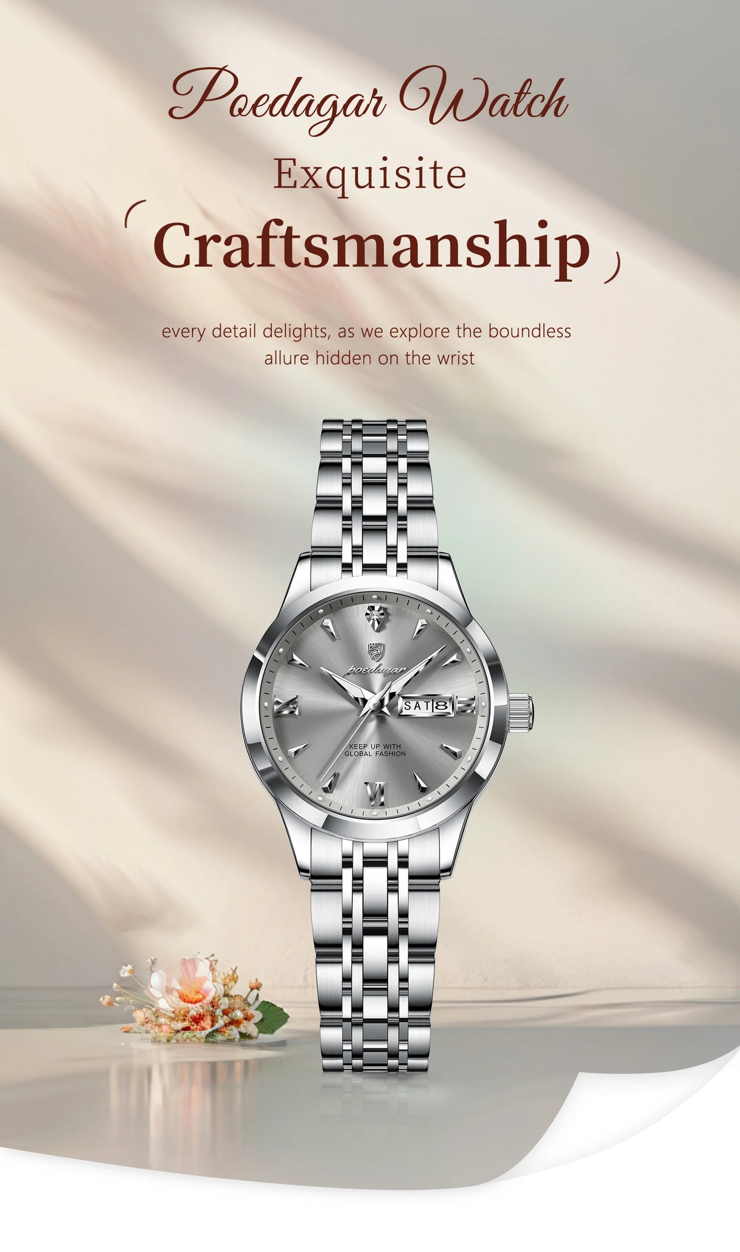 POEDAGAR Original Watch For Woman Waterproof Luminous Date Week Ladies Watch Stainless Steel Quartz Women's Watches Female Reloj