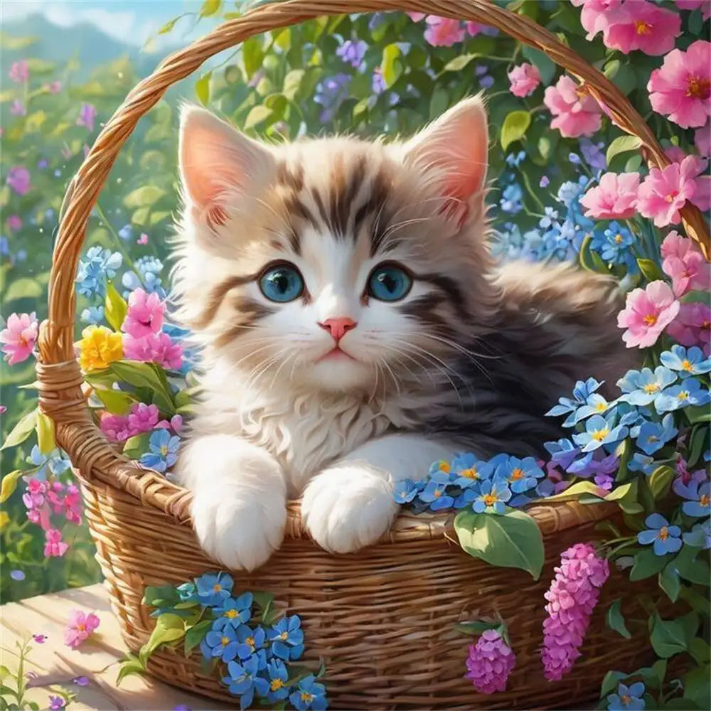 Huacan Diamond Cat Painting Kit In Flower Basket