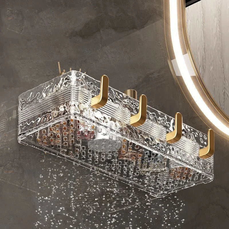 Wall Mounted Bathroom Storage Rack With 4 Hooks Corner Skincare Shampoo Shower Gel Shelf Makeup Perfume Holder