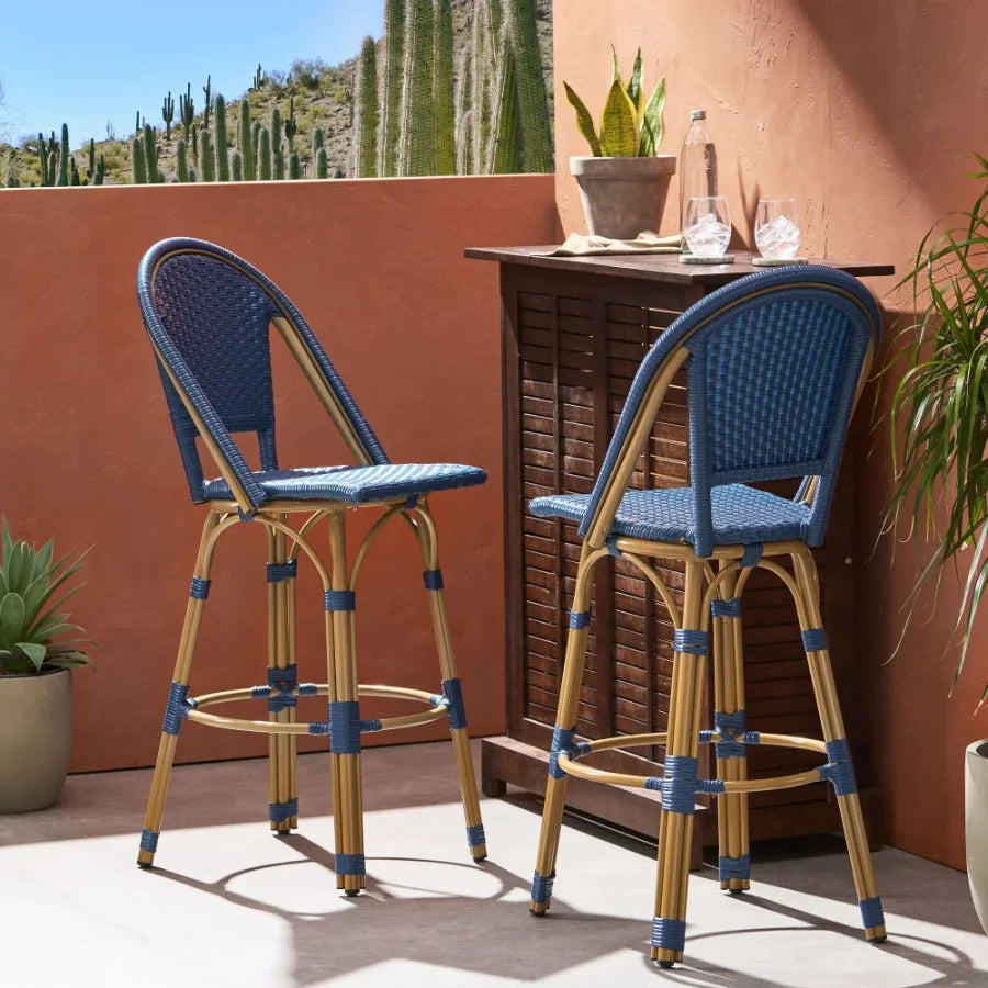 29.5 Outdoor PE Rattan and Aluminum French Barstools Set of 2 Navy Blue and Bamboo Finish