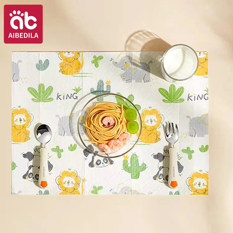 AIBEDILA Baby Disposable Table Mats Oilproof Waterproof Sticky Placemats Cute Animal Design Portable Dining Pads for Toddlers