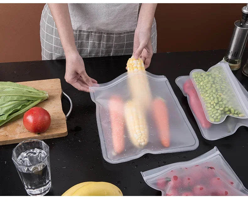 10PCS Food Grade Silicone Food Storage Bags Fresh-keeping Sealed Containers Leakproof Durable Reusable Stand Up Zip Freezer Bags