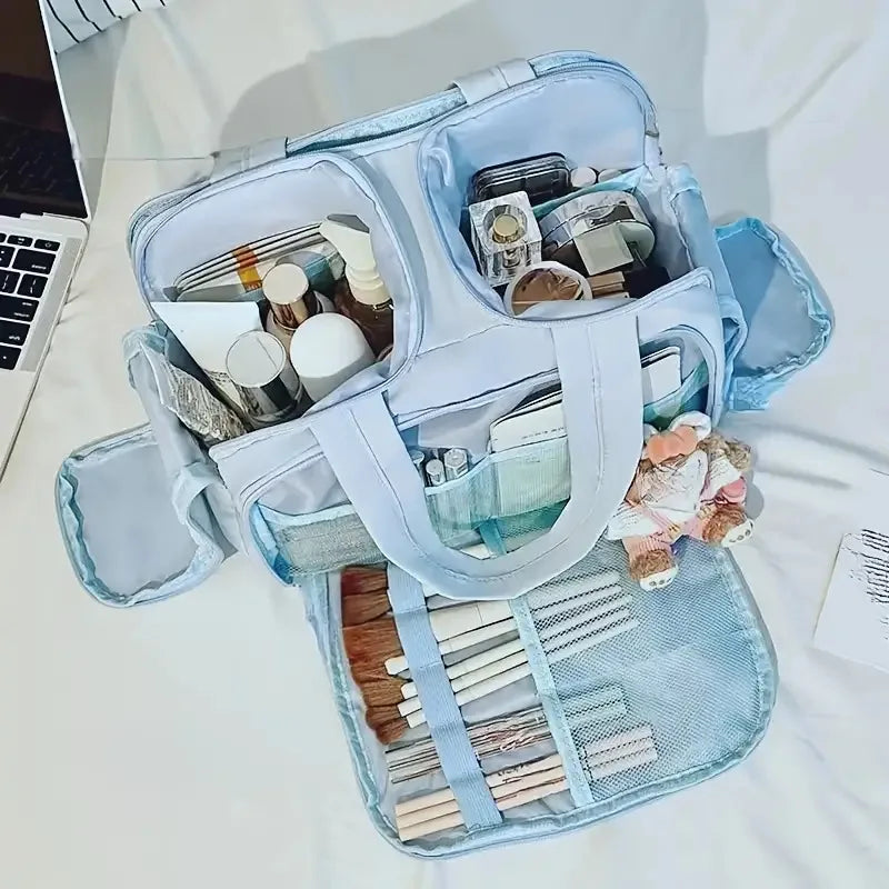 Standing Travel Makeup Bag, Large Capacity Multi Zone with Handle, Multi Compartment Women's Portable Toiletries Bag
