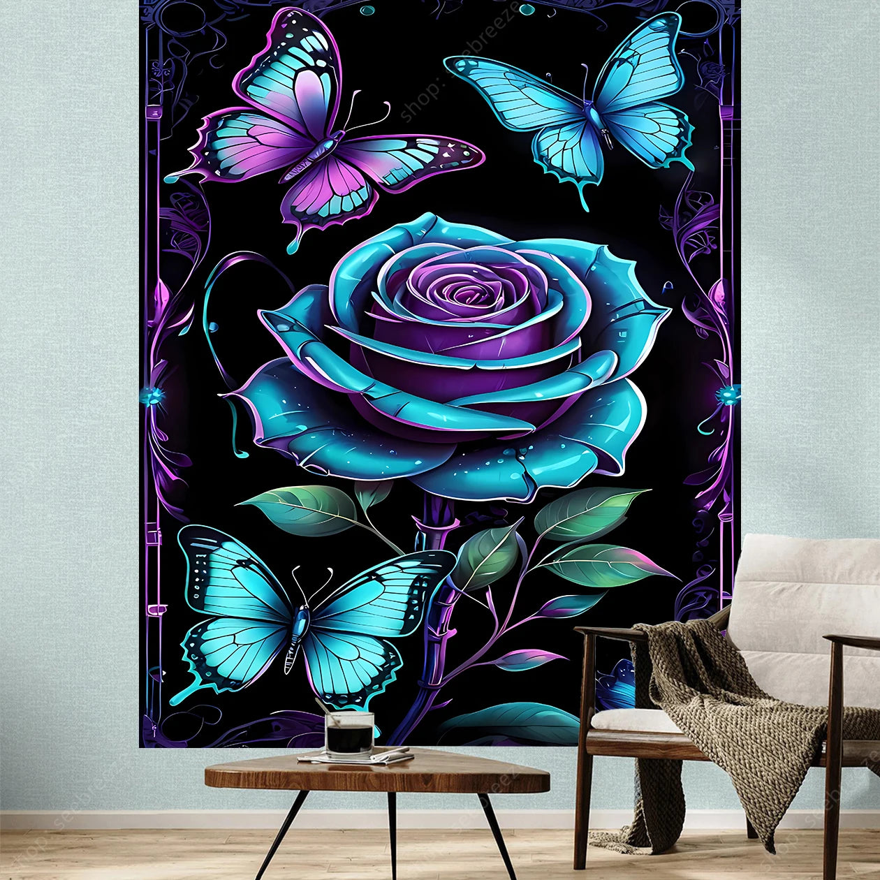 Butterfly Flower UV Reactive Tapestry Wall Hanging Hippie Boho Room Decor