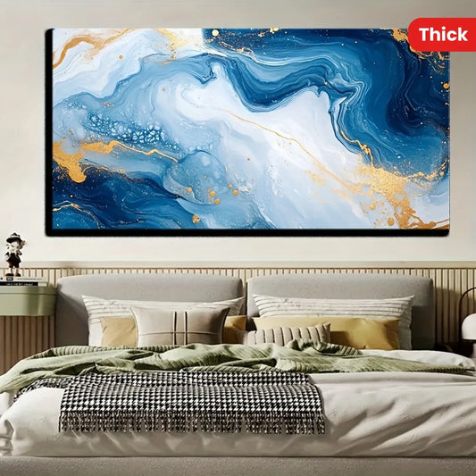 Solid wood frame Abstract blue wave texture print painting Modern art oil painting, 1.5 inch thick pine solid wood frame