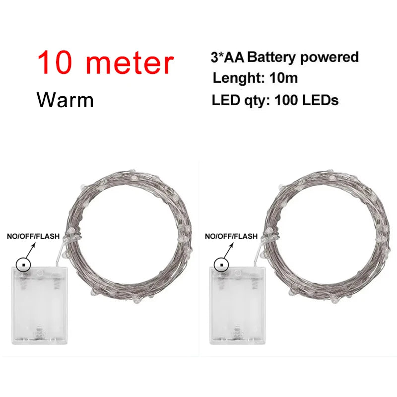 2/5/10M LED Copper Wire Light String Fairy Garland Battery Powered Garden Bedroom Party Wedding Christmas New Year Ornament