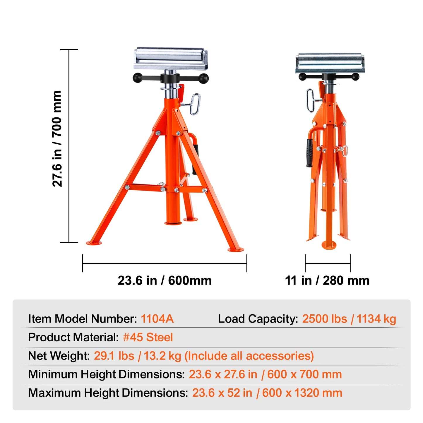 VEVOR Roller Stand Heavy Duty 2500 LBS Load Capacity 27.6"-52" Adjustable Folding Roller Support Stand for Pipes Wooden Boards