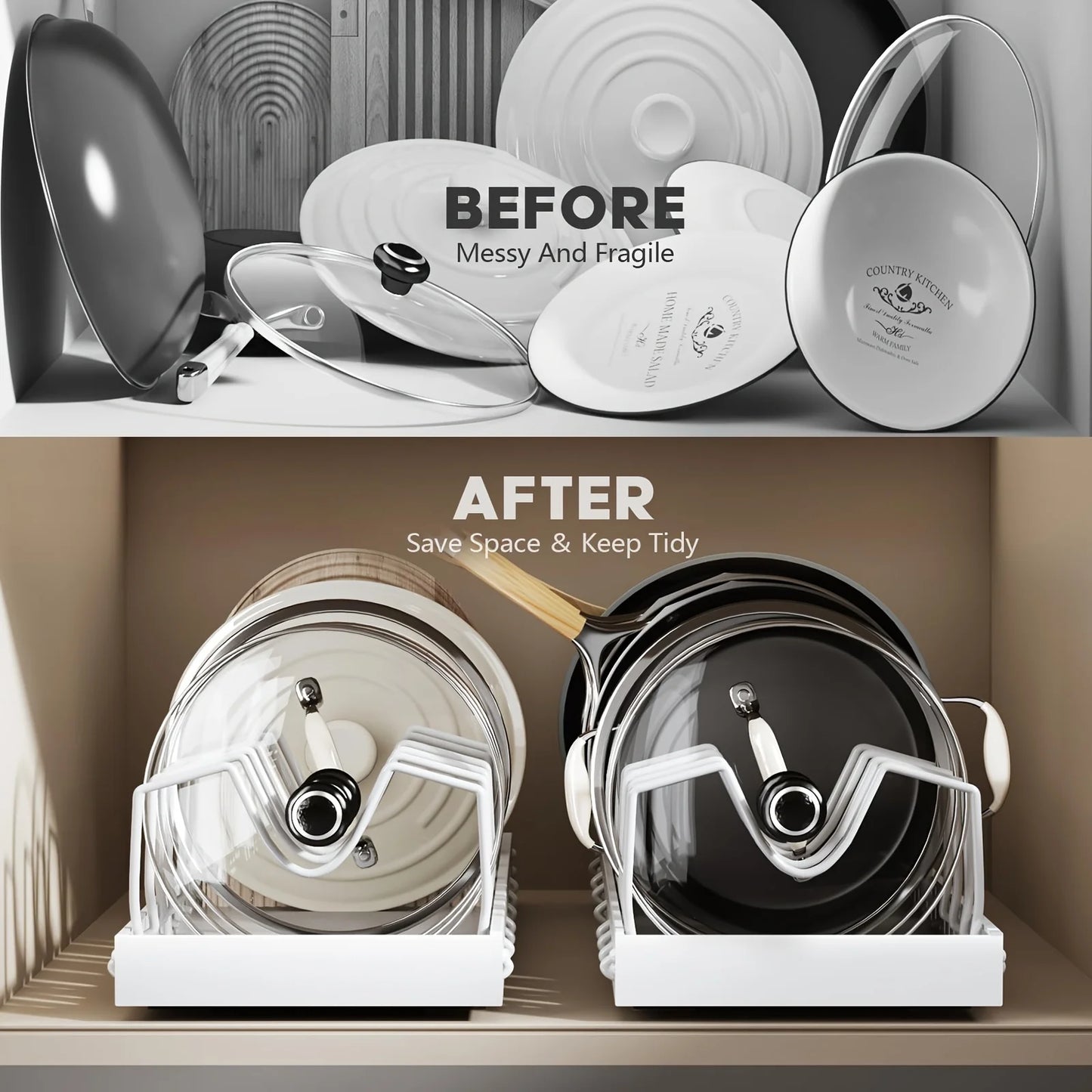 Cookware and Frying Pan Storage Rack with Pull-Out Lid Storage Box, Suitable for Placement under the Cabinet, Featuring a Pot Lid Rack with 8 Adjustable Dividers