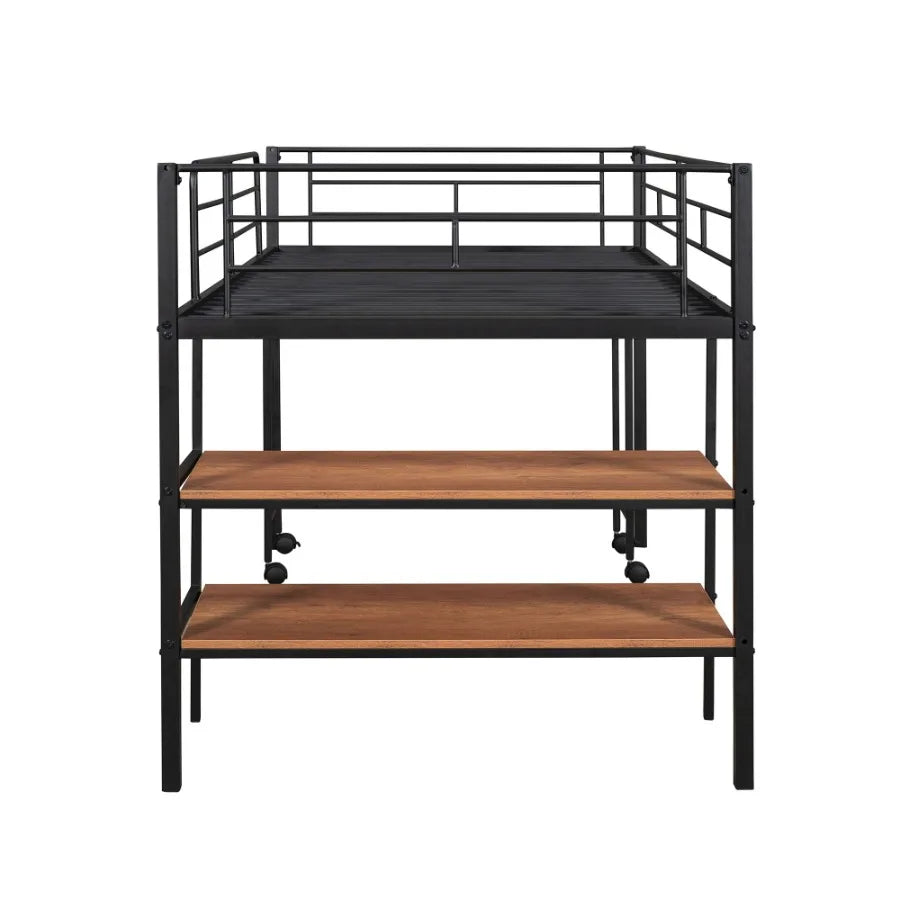 Twin Size Metal Loft Bed with Desk and Shelves