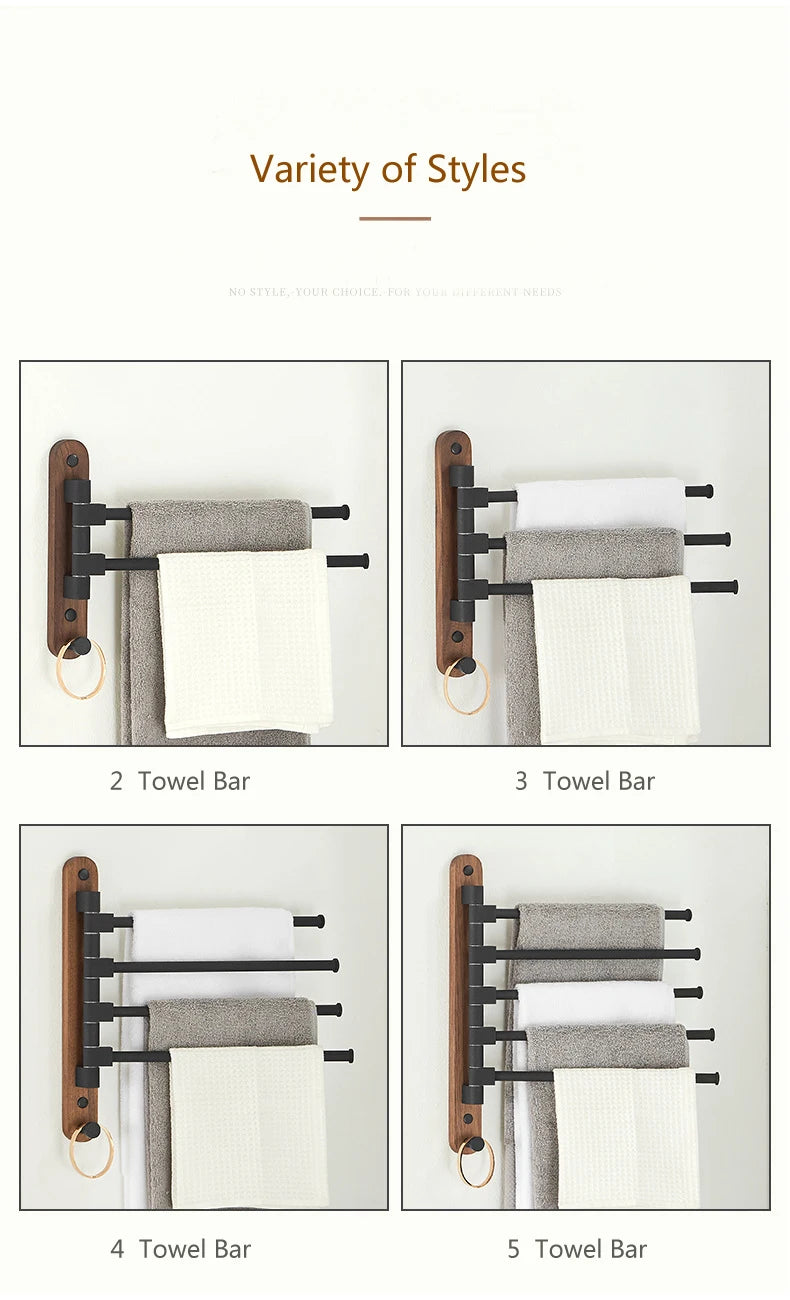 Bathroom Swivel Towel Rack, Wood & Matte Black Metal, 4-Arm Wall Mounted Towel Bar with Towel Ring, Space-Saving Towel Hanger