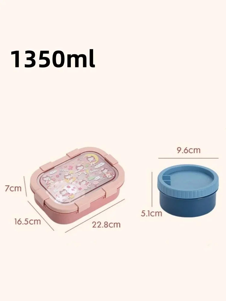1000/1350ml Cartoon Lunch Box with Soup Bowl Bento Box Buckle Design Sealed and Leak-proof Portable Food Storage Container