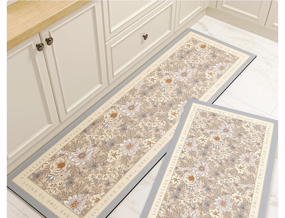 Carpet for Kitchen Floor Mat Pvc Leather Waterproof Non-slip Long Rug Oil-proof Foot Mats Pink Flower Home Decoration Rugs