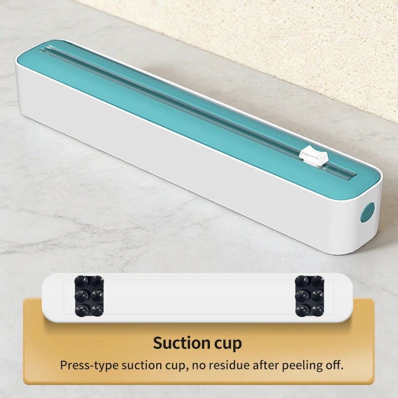 Household multi-functional cling film cutter, tear-free sliding cutter suitable for plastic cling film and aluminum foil.
