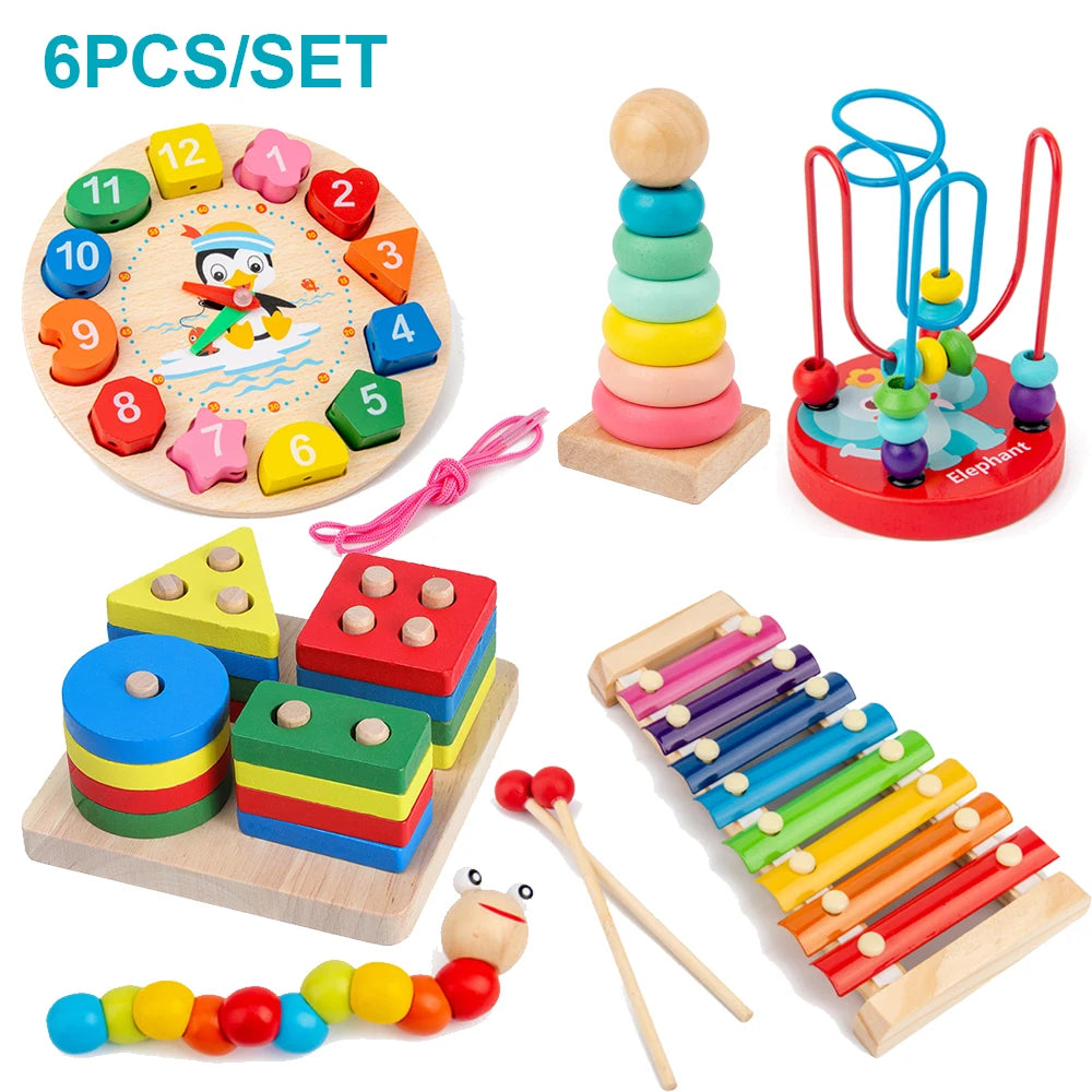 5–6pcs Montessori Wooden Toys Set – Educational Baby Development Puzzle for Boys and Girls