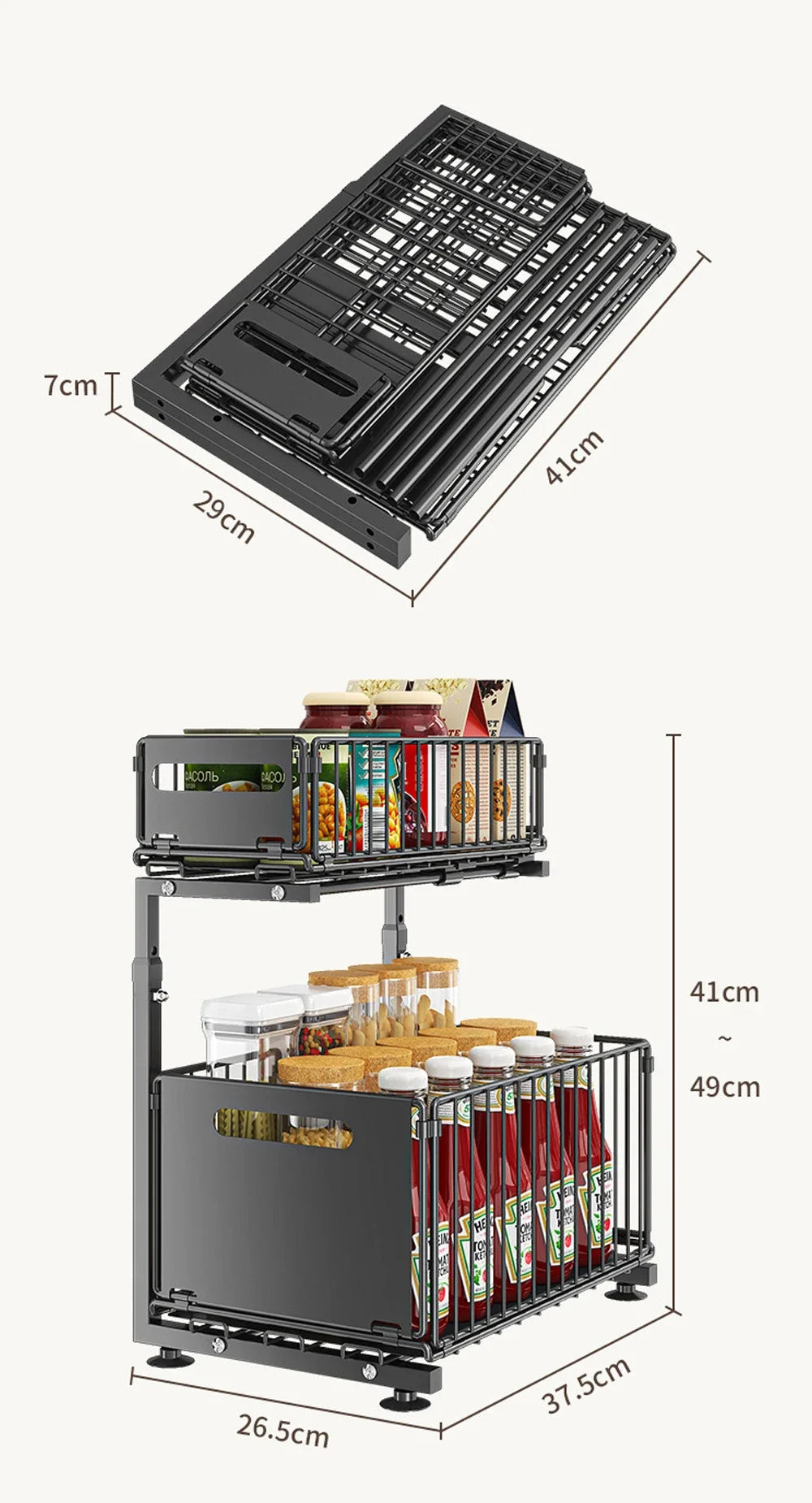 2 Tier Pull Out Cabinet Organiser Adjustable Under Sink Storage Rack Slide Out Drawer Kitchen Spice Jar Storage Shelf