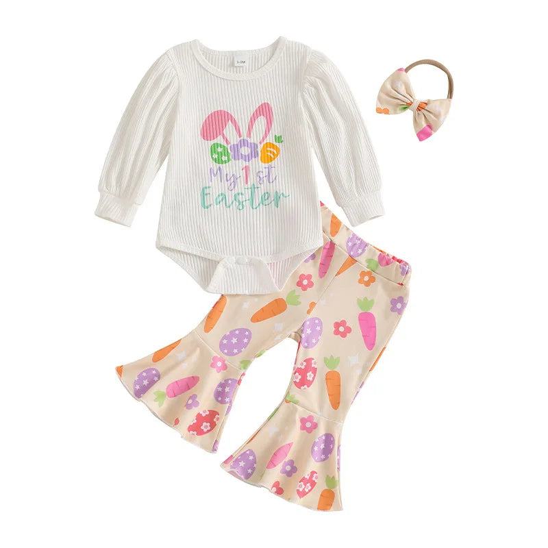 2025 New Set of Baby and Toddler Easter Bunny Print Pit Stripe Bubble Sleeves Flared Pants+headband Three Piece Set