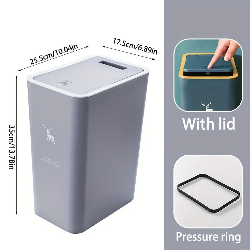 1pc Bathroom Trash Can 15L Garbage Can with Press Top Lid for Kitchen, Bedroom, Living Room Plastic Wastebasket with Pop-up Lid
