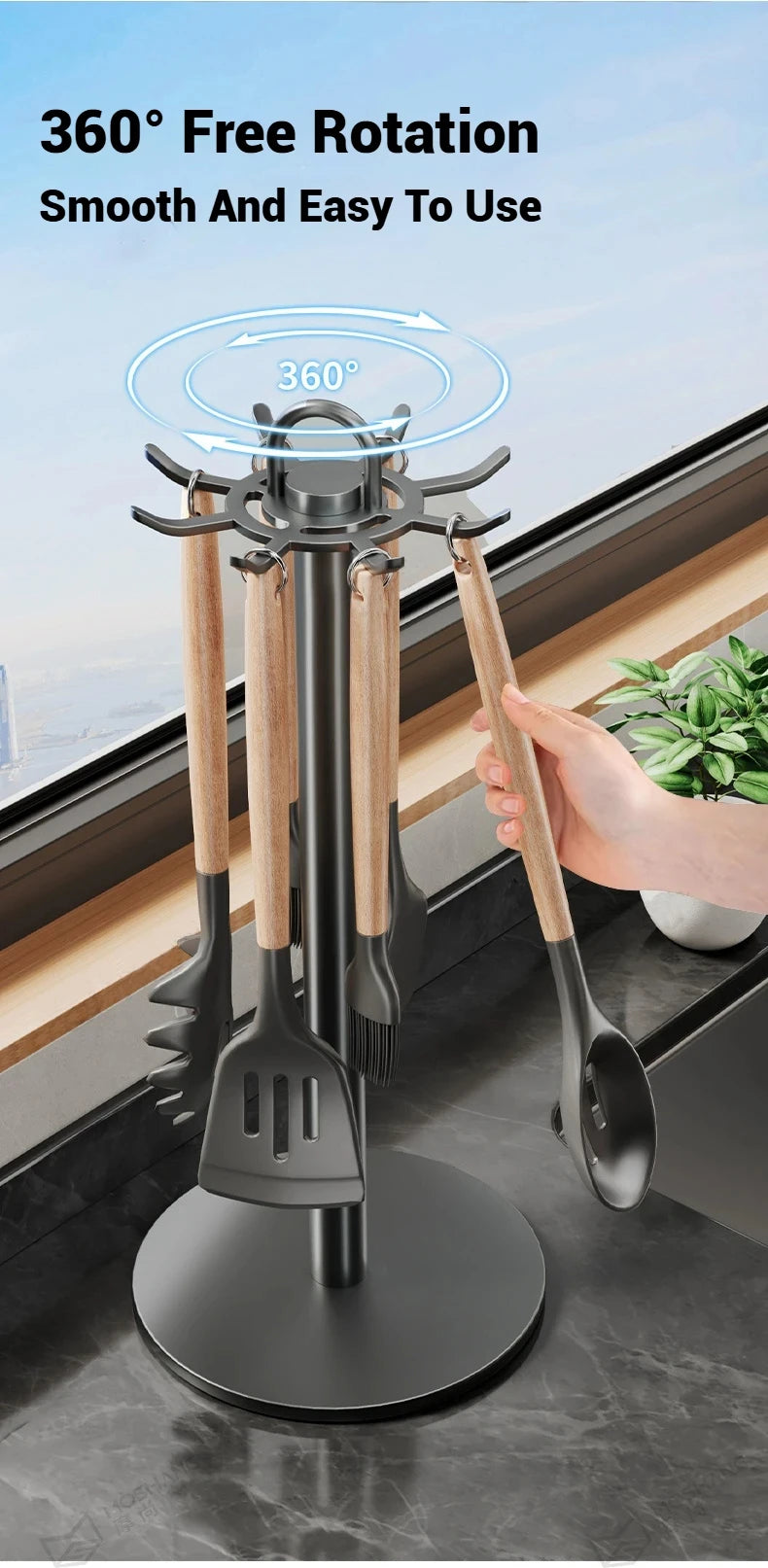 360° Rotating Kitchen Spatula and Utensil Rack - 8-Hook Movable Cooking Tool Storage Organiser for Countertop Space Saving
