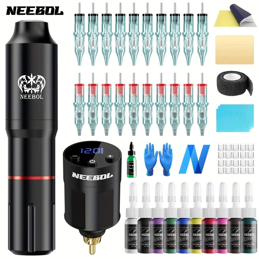 Valentine's Day Gift Neebol Wireless Tattoo Machine Kit Complete,Rotary Tattoo Pen,Tattoo Cartridge Needles, inks,Body Art Makeu