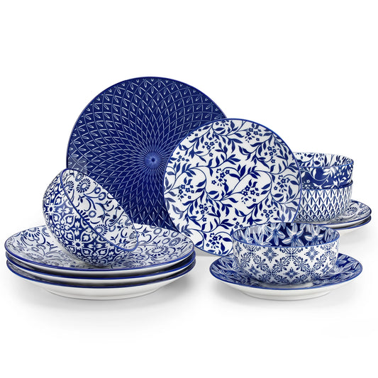 vancasso 12/24/36 Piece Chinese Blue and White Porcelain Plate Set Tableware Set with 4PCS Dinner Plate/Dessert Plate/Ceral Bowl