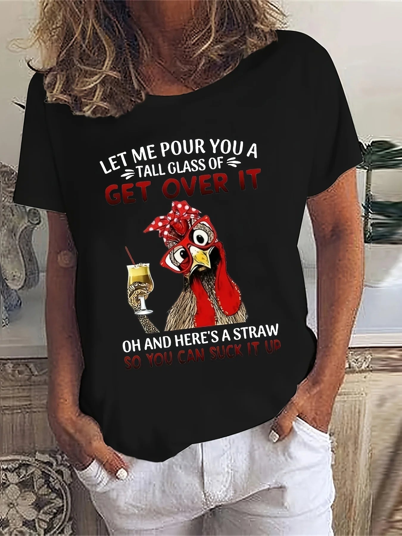 Cartoon Chicken Print T-Shirt Casual Short Sleeve Top For Spring & Summer Women's Clothing