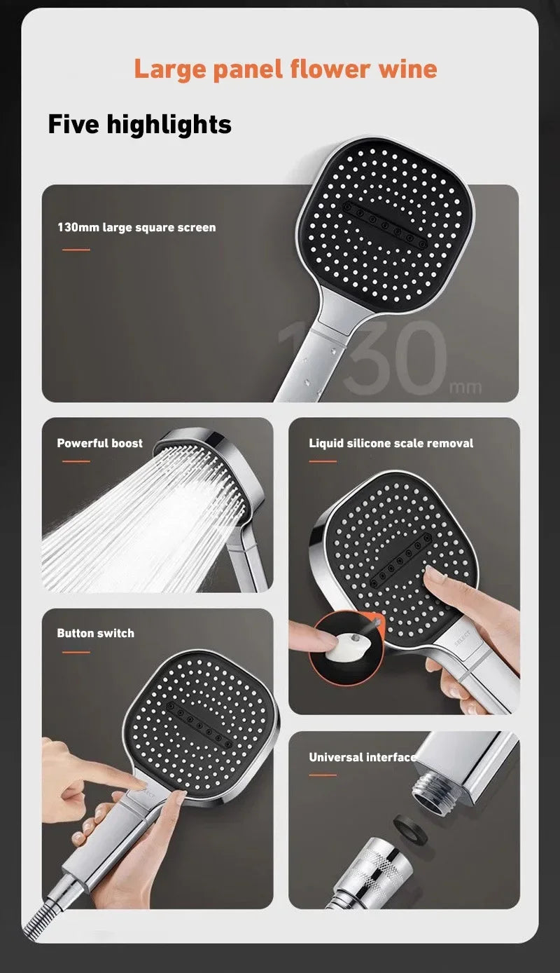 13cm Large Panel 3 Modes Adjustable Shower Head  High Pressure Massage Shower Head Filter Element Bathroom Accessories