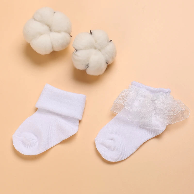 4 Pairs of Cute Lace Cotton Baby Socks 0-1 Years Old Boys and Girls Short Socks Newborn White Baptism