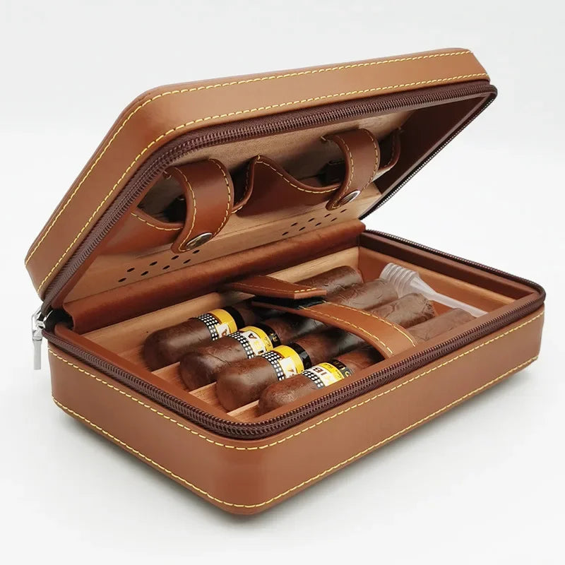 4pcs Humidor Cigar Box Travel Cigar Case orginiser without cutter lighter Leather Cedar Wood Cutter smoking accessories storage