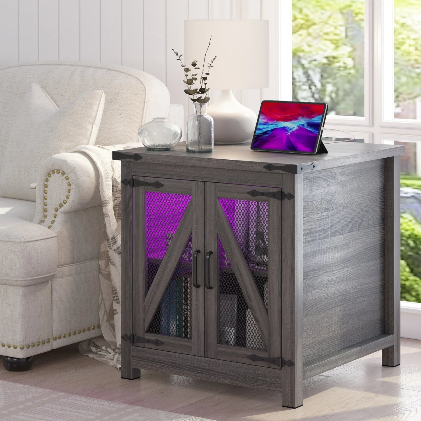 Bedside Table Farmhouse, Side Table Living Room with Charging Station & Adjustable Shelf, Smart Nightstand Organiser for Bedroom Living Room Office Use