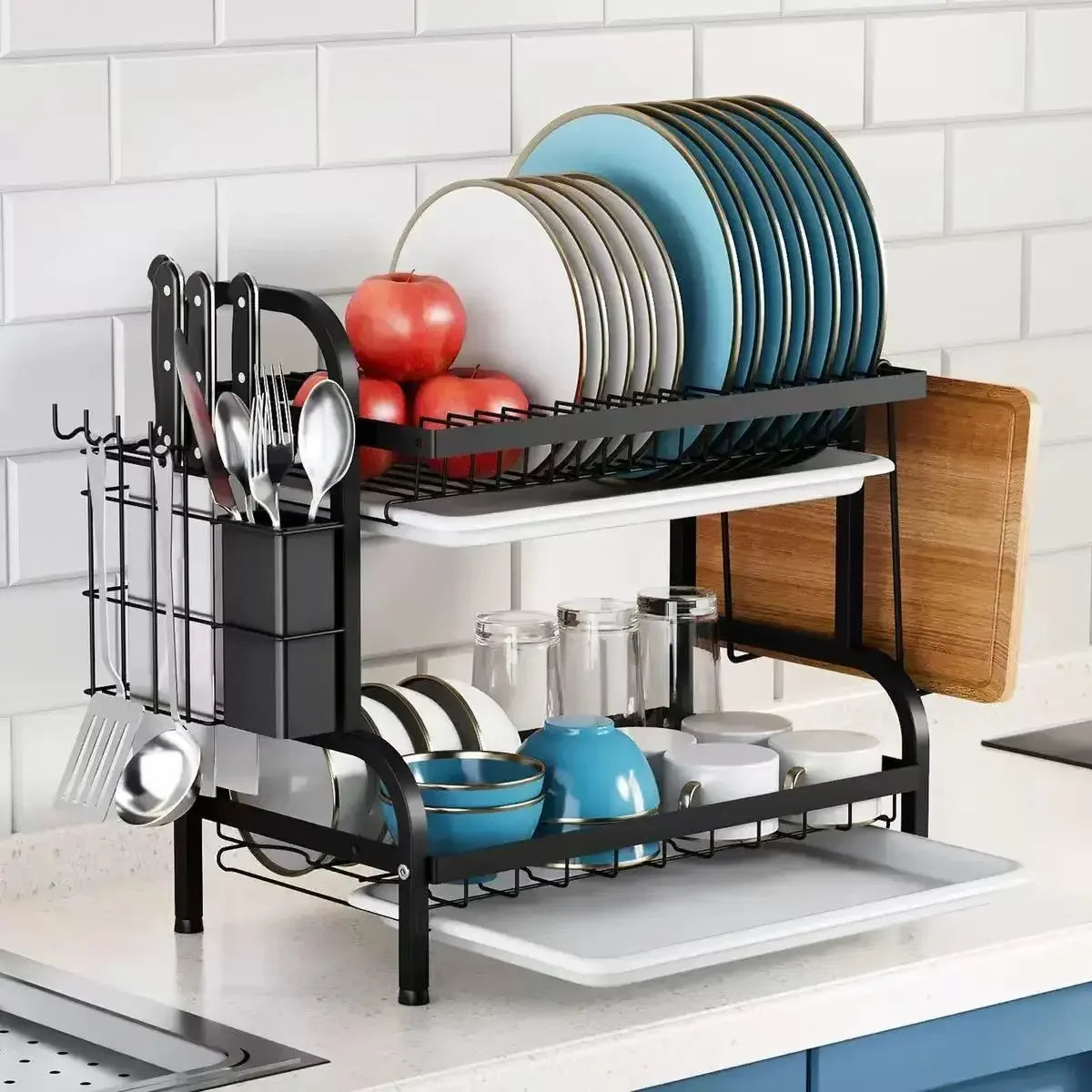 Compact 2-Tier Stainless Steel Dish Drainer, New Rustproof Kitchen Organiser with Utensil Holder